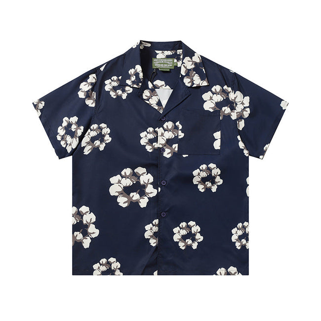 Denim Tears Navy Blue All Over White Floral Wreath Print Camp Collar Short Hover Image