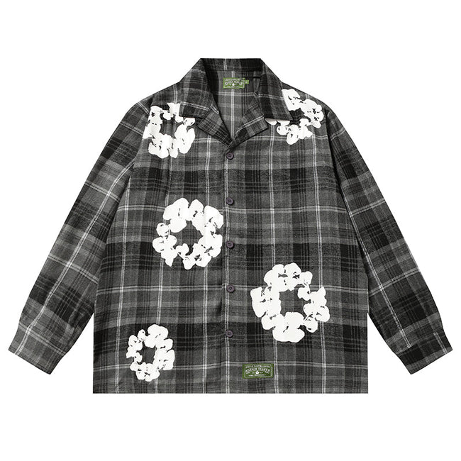 Denim Tears Black and gray checkered white wreath print loose long-sleeve shirt Hover Image