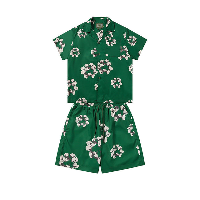Denim Tears Emerald Green Floral Wreath Print Camp Collar Shirt & Drawstring Shorts Hover Image