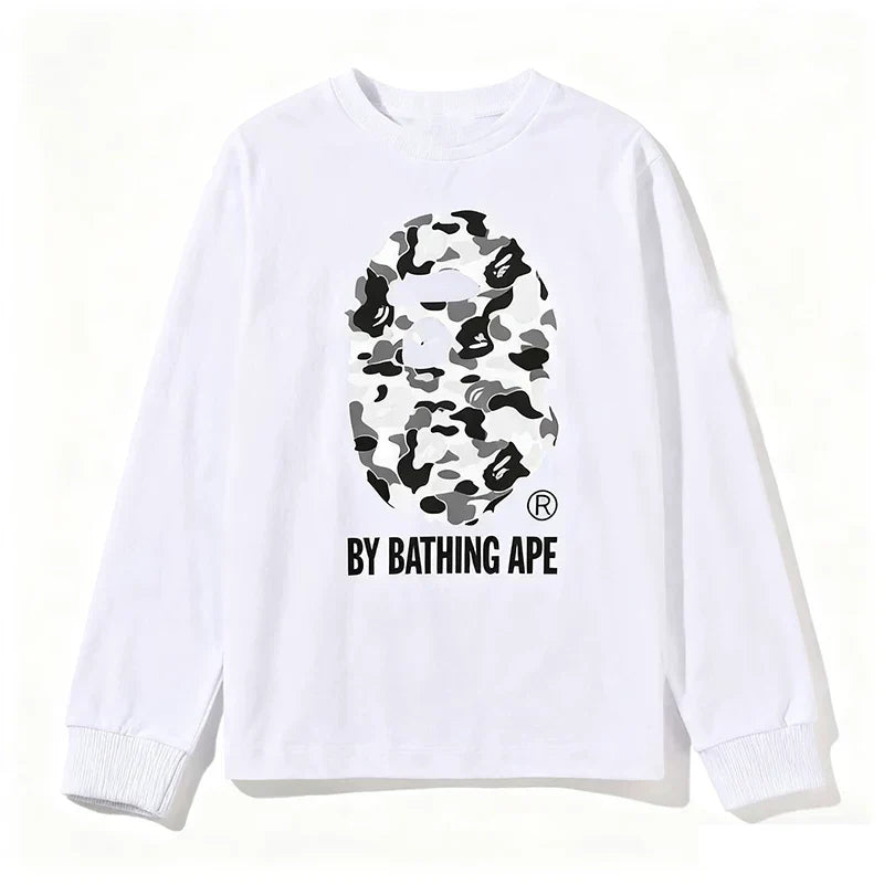 BAPE Style "BY BATHING APE" Camo Ape Head Long-Sleeve Tee - White/Monochrome Camo