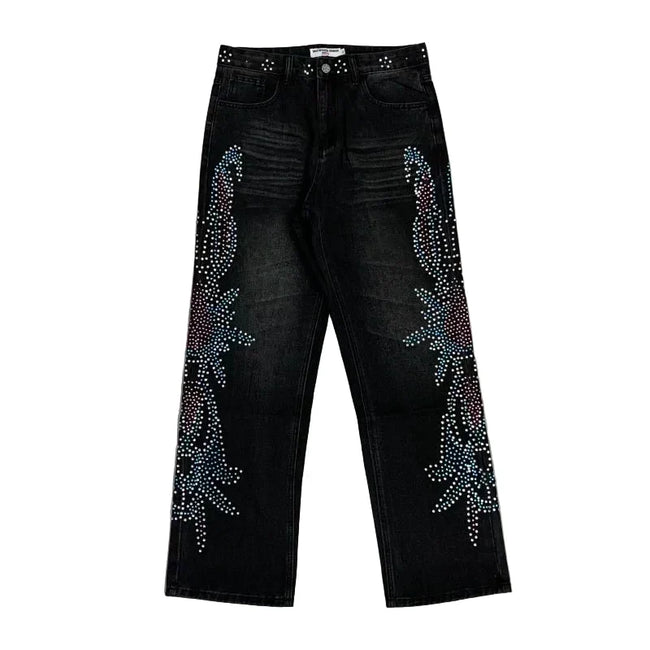 Vale Forever Rhinestone Floral Pattern Oversized Black Denim Jeans Hover Image