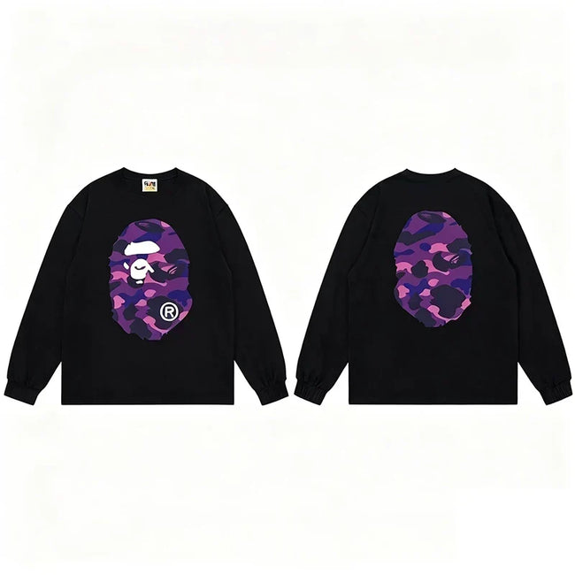 BAPE Style Big Camo Ape Head Long-Sleeve Tee - Black/Purple Hover Image