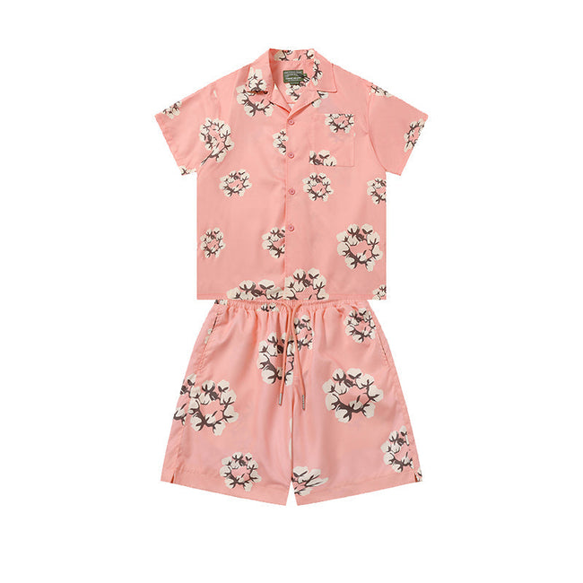 Denim Tears Pink Floral Wreath Print Camp Collar Short Sleeve Shirt & Drawstring Shorts Hover Image