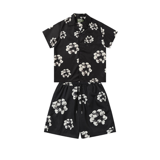 Denim Tears Black White Floral Wreath Print Camp Collar Shirt & Drawstring Shorts Hover Image